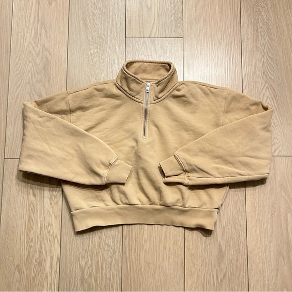TNA Tops - Aritzia TNA Cozy Fleece Perfect 1/4 Zip Cropped Sweatshirt Tan Beige Size Medium